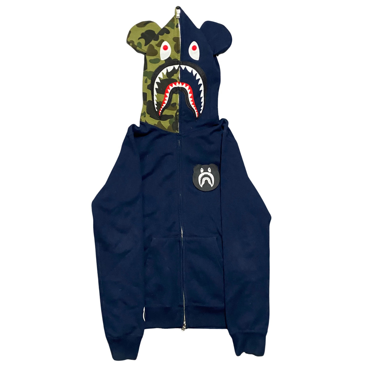 BAPE x BE@RBRICK Shark Be@r Full Zip Hoodie Navy Green Camo Size XS